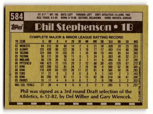 Back of the 1990 Topps Phil Stephenson San Diego Padres baseball card with original gloss