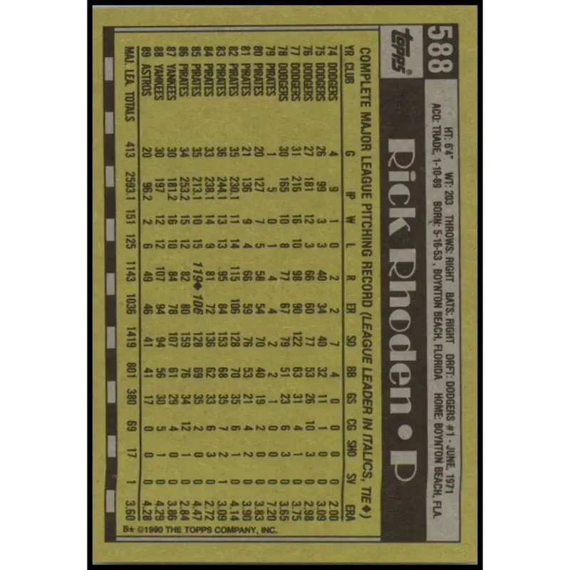 1990 Topps #588 Rick Rhoden NM-MT Houston Astros Baseball Card - Baseball Card Single