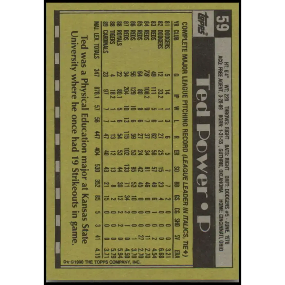 1990 Topps #59 Ted Power NM-MT St. Louis Cardinals Baseball Card - Baseball Card Single