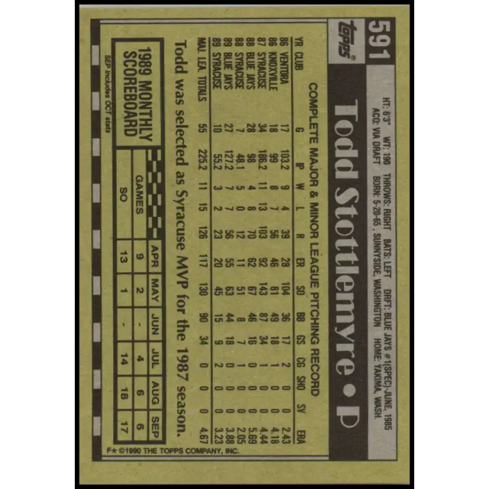 1990 Topps #591 Todd Stottlemyre NM-MT Toronto Blue Jays Baseball Card - Baseball Card Single