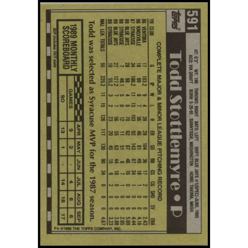 1990 Topps #591 Todd Stottlemyre NM-MT Toronto Blue Jays Baseball Card - Baseball Card Single
