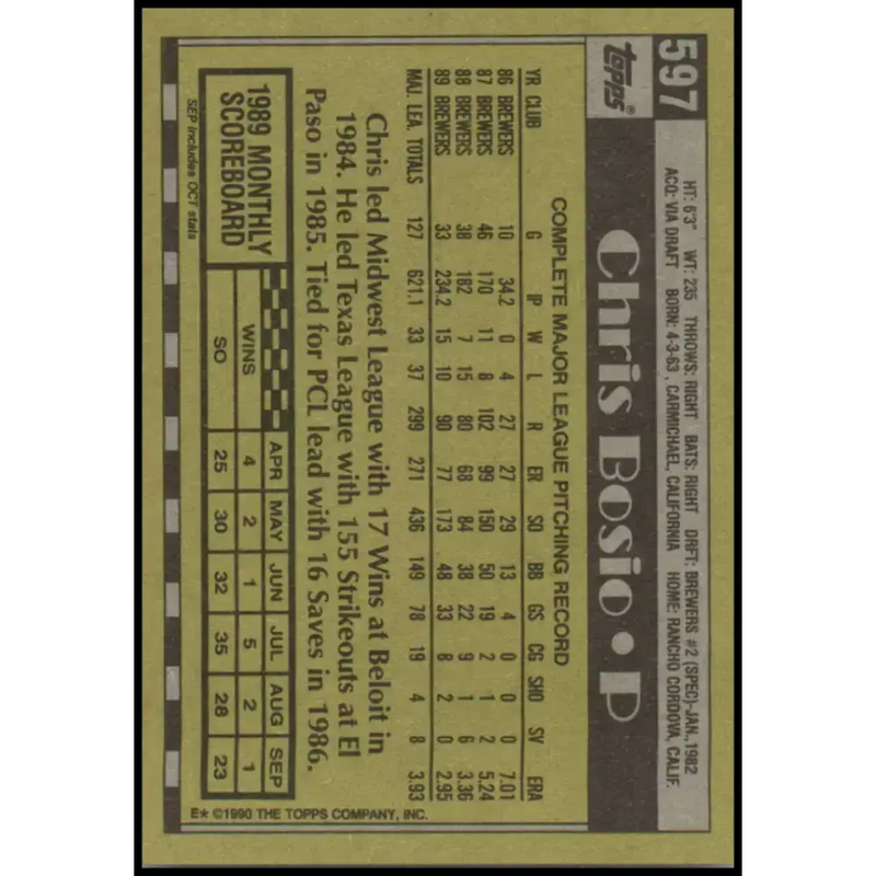 1990 Topps #597 Chris Bosio NM-MT Milwaukee Brewers Baseball Card - Baseball Card Single