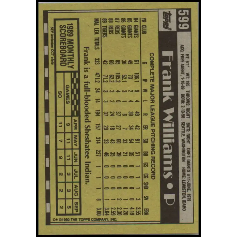 1990 Topps #599 Frank Williams NM-MT Detroit Tigers Baseball Card - Baseball Card Single