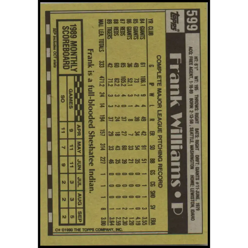 1990 Topps #599 Frank Williams NM-MT Detroit Tigers Baseball Card - Baseball Card Single