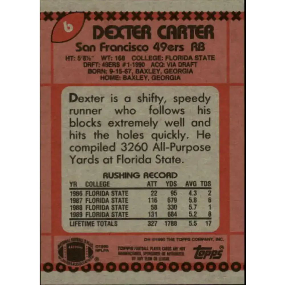 1990 Topps #6 Dexter Carter EX Excellent RC Rookie San Francisco 49ers Football Card - Football Card Single