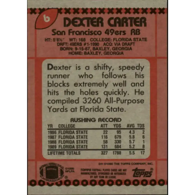 1990 Topps #6 Dexter Carter EX Excellent RC Rookie San Francisco 49ers Football Card - Football Card Single