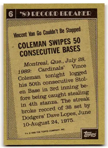 1990 Topps #6 Vince Coleman NM Near Mint Cardinals RB ID:43430 - Baseball Card Single