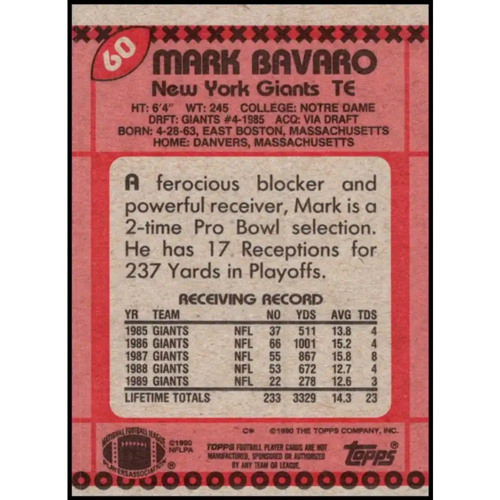 1990 Topps #60 Mark Bavaro EX Excellent New York Giants Football Card - Football Card Single