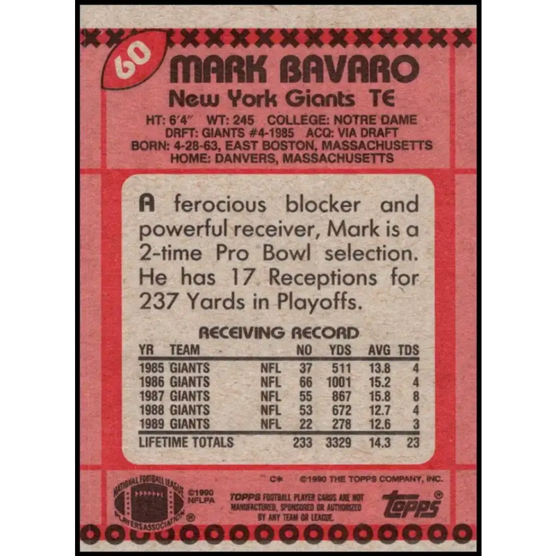 1990 Topps #60 Mark Bavaro EX Excellent New York Giants Football Card - Football Card Single