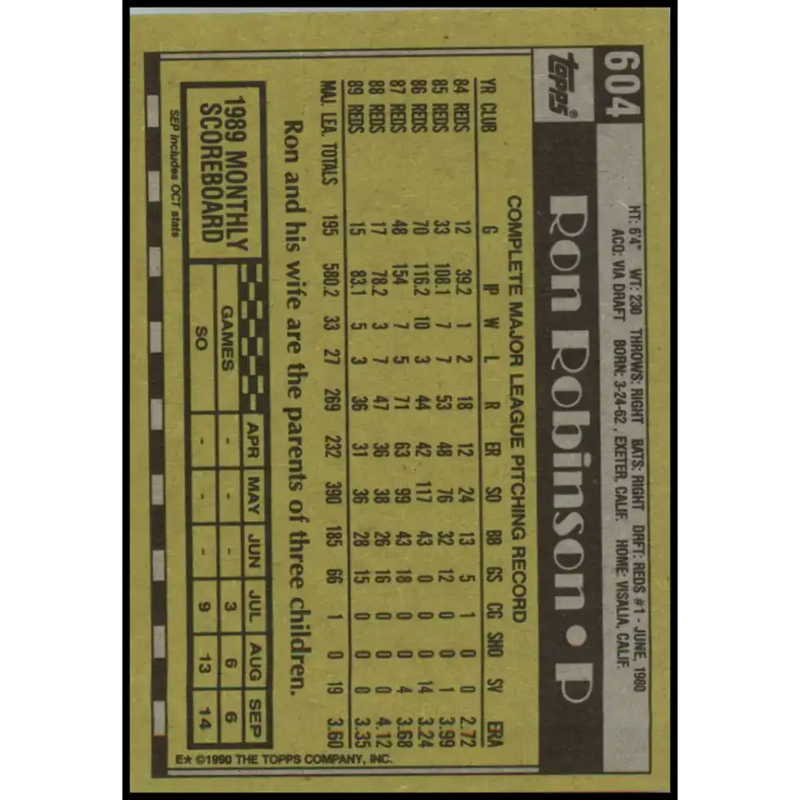 1990 Topps #604 Ron Robinson NM-MT Cincinnati Reds Baseball Card - Baseball Card Single