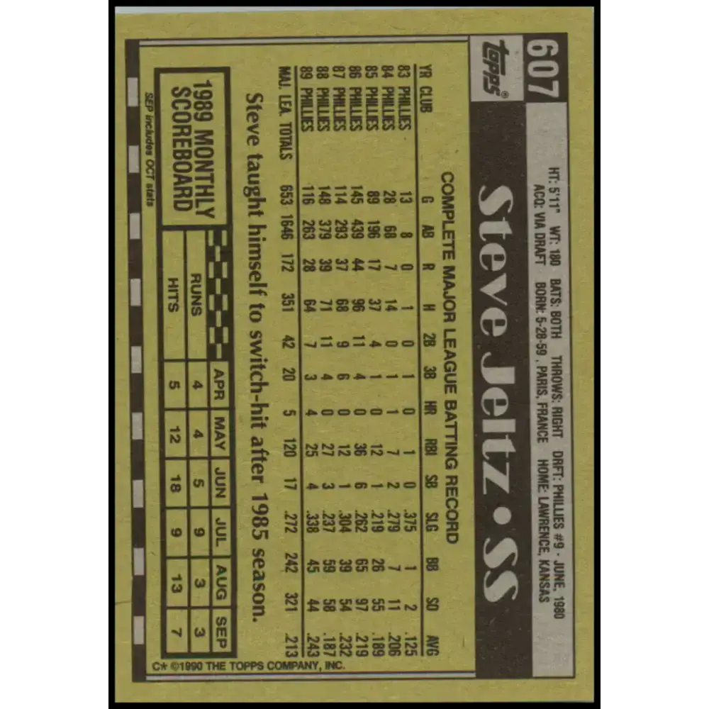 1990 Topps #607 Steve Jeltz NM-MT Philadelphia Phillies Baseball Card - Baseball Card Single