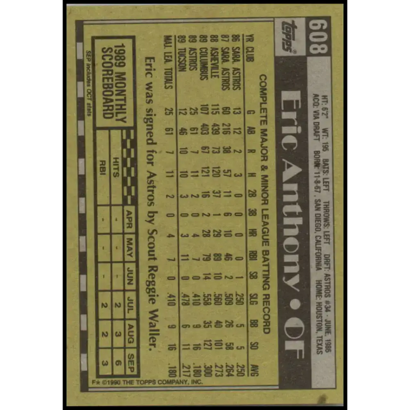1990 Topps #608 Eric Anthony NM-MT RC Rookie Houston Astros Baseball Card - Baseball Card Single