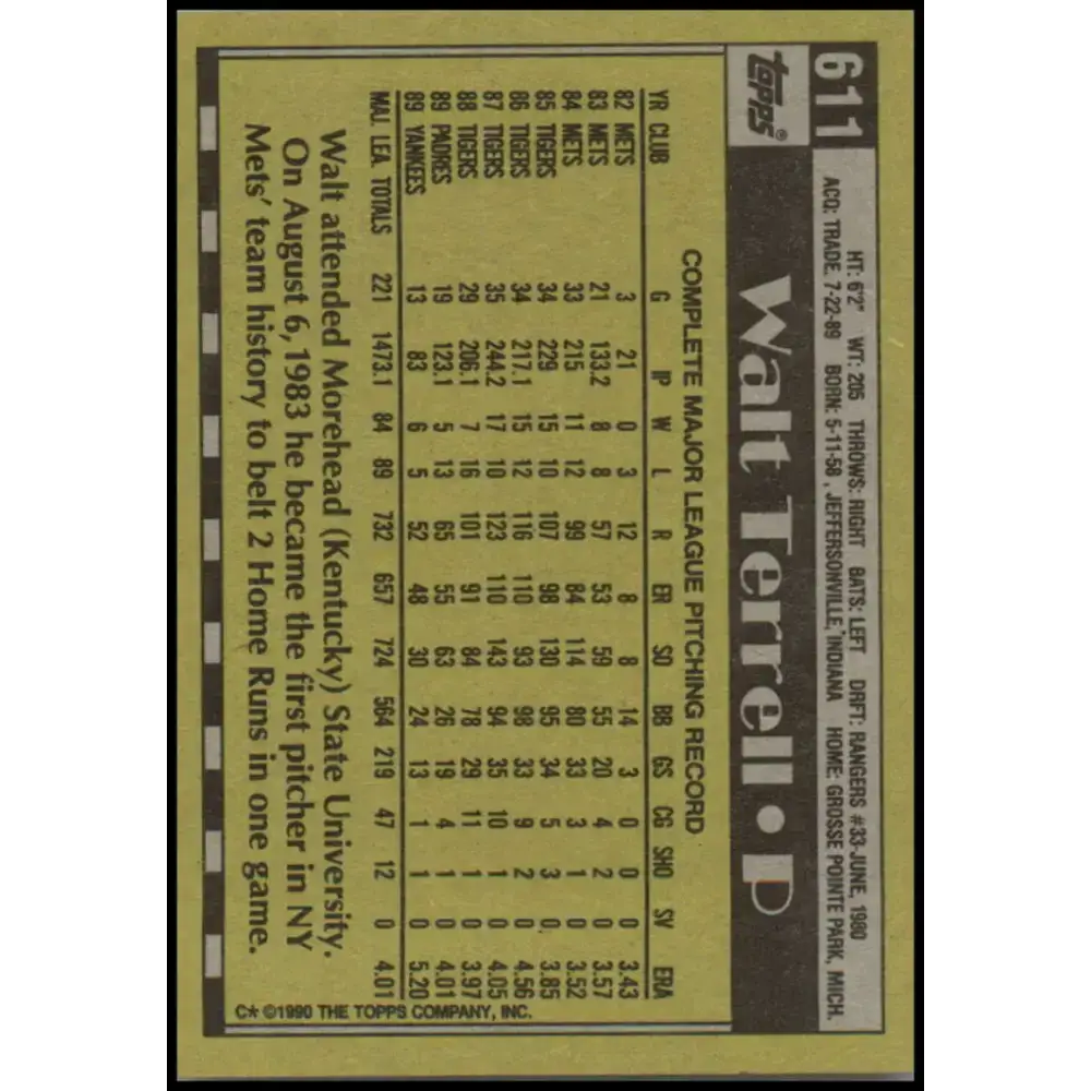 1990 Topps #611 Walt Terrell NM-MT New York Yankees Baseball Card - Baseball Card Single