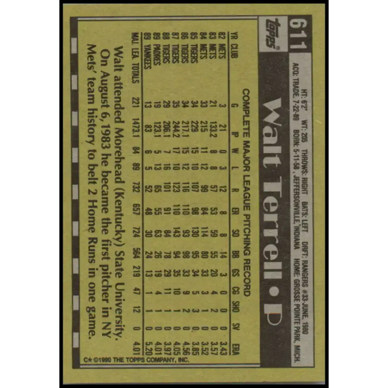 1990 Topps #611 Walt Terrell NM-MT New York Yankees Baseball Card - Baseball Card Single