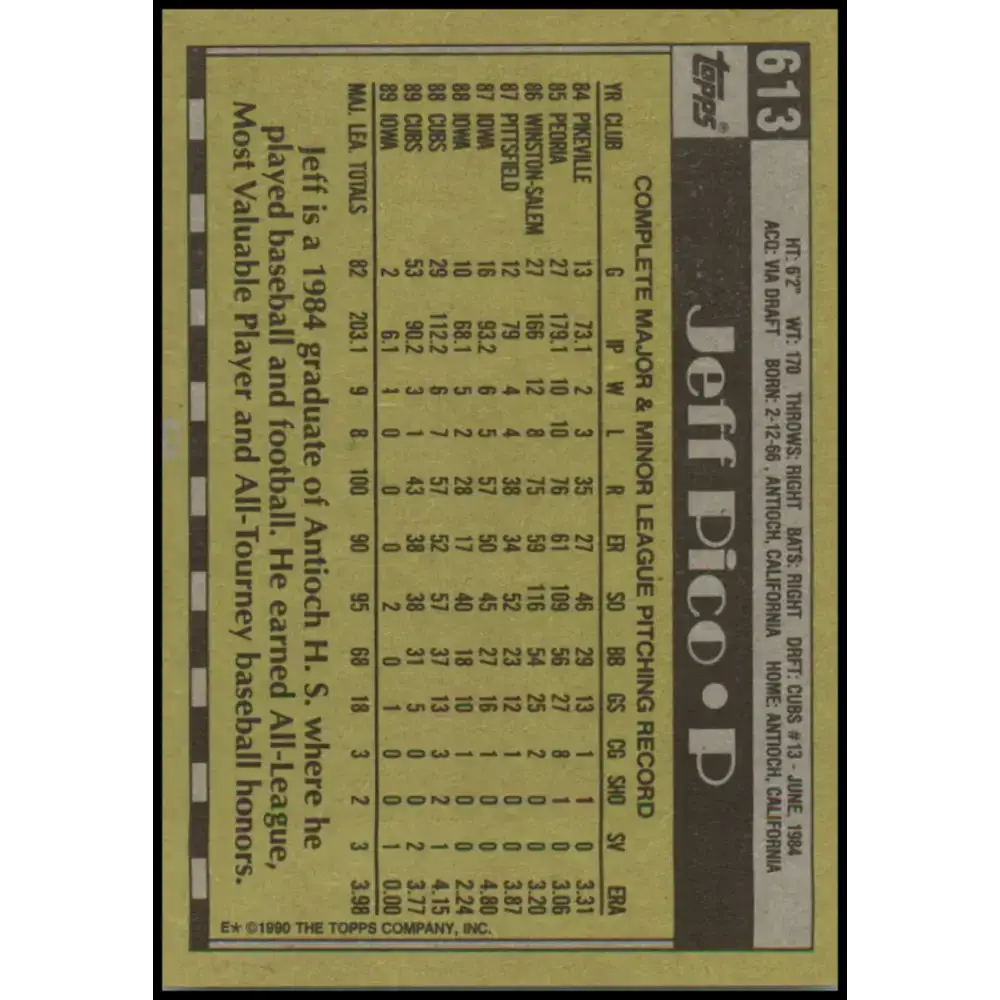 1990 Topps #613 Jeff Pico NM-MT Chicago Cubs Baseball Card - Baseball Card Single