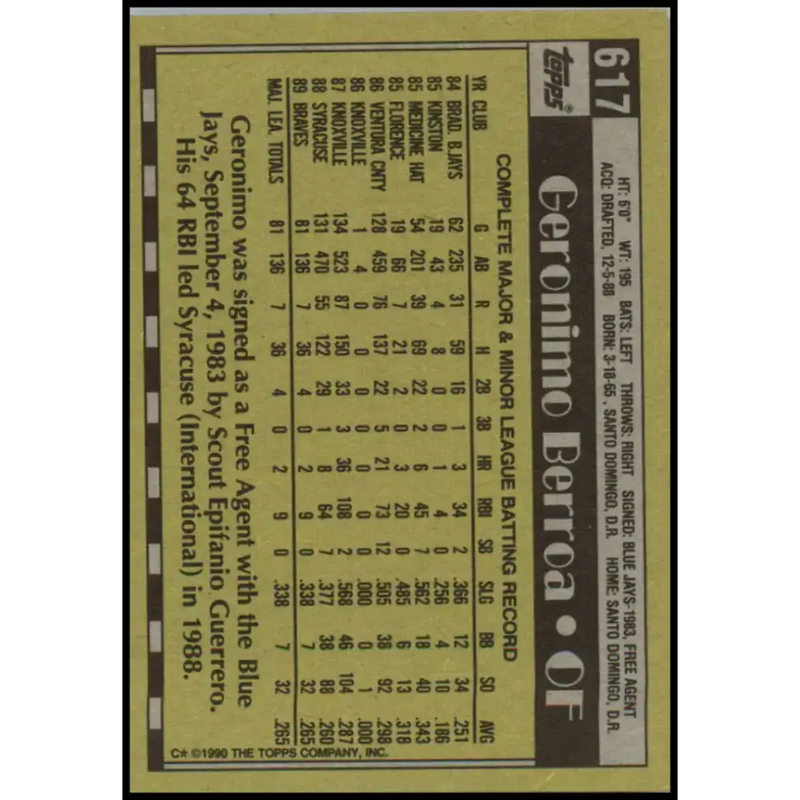 1990 Topps #617 Geronimo Berroa NM-MT Atlanta Braves Baseball Card - Baseball Card Single