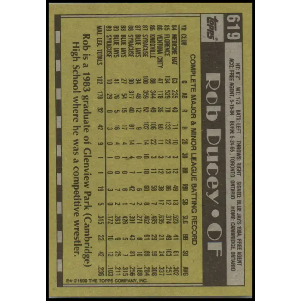 1990 Topps #619 Rob Ducey NM-MT Toronto Blue Jays Baseball Card - Baseball Card Single