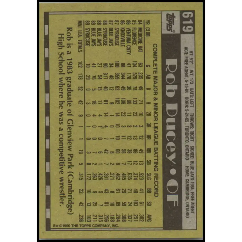 1990 Topps #619 Rob Ducey NM-MT Toronto Blue Jays Baseball Card - Baseball Card Single