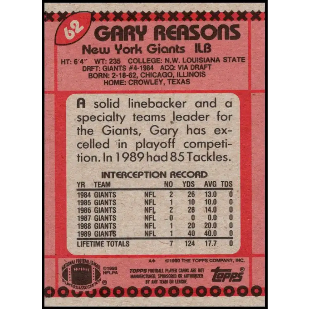 1990 Topps #62 Gary Reasons EX Excellent New York Giants Football Card - Football Card Single