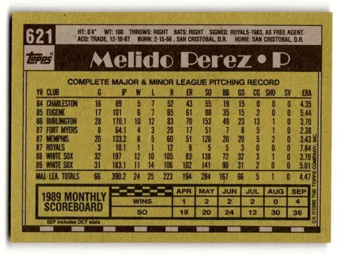 1990 Topps #621 Melido Perez Chicago White Sox Baseball Cards EX/NM ID:55651 - Baseball Card Single