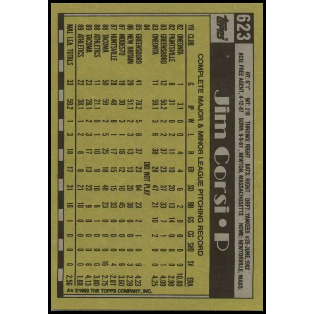 1990 Topps #623 Jim Corsi NM-MT Oakland Athletics Baseball Card - Baseball Card Single