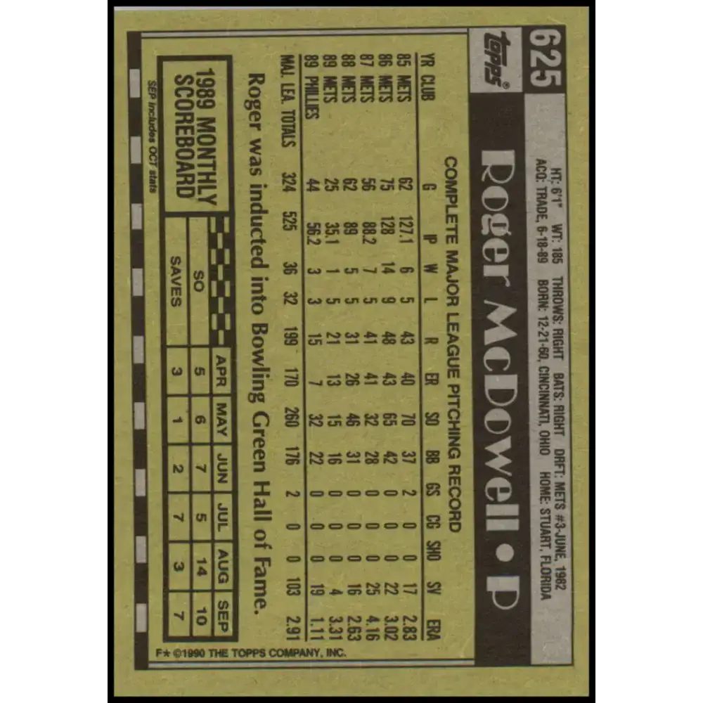 1990 Topps #625 Roger McDowell NM-MT Philadelphia Phillies Baseball Card - Baseball Card Single
