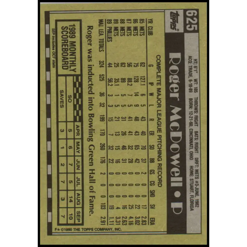 1990 Topps #625 Roger McDowell NM-MT Philadelphia Phillies Baseball Card - Baseball Card Single