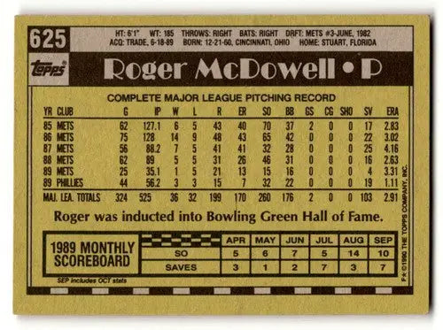 1990 Topps #625 Roger McDowell Philadelphia Phillies Baseball Cards ID:55037 - Baseball Card Single