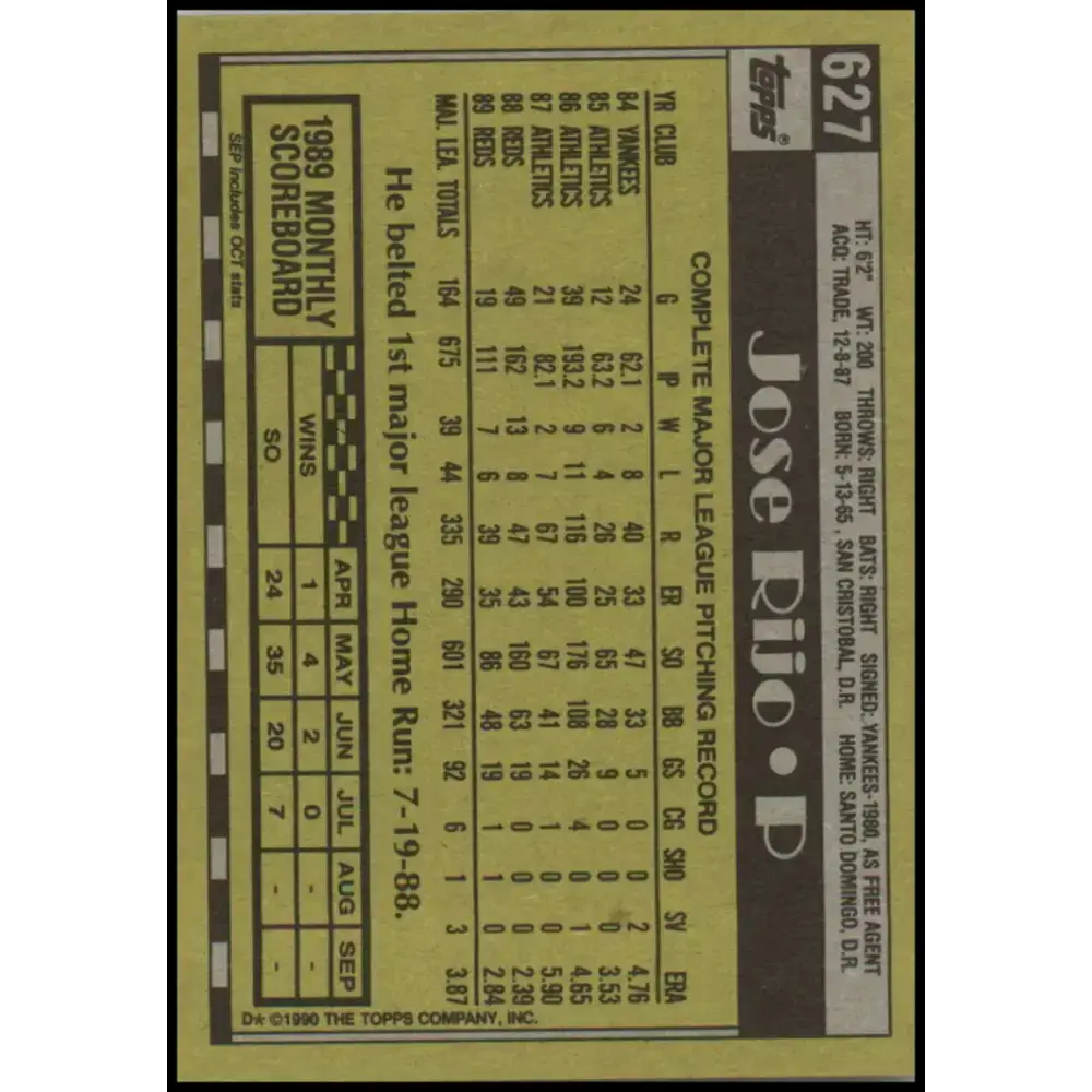 1990 Topps #627 Jose Rijo NM-MT Cincinnati Reds Baseball Card - Baseball Card Single