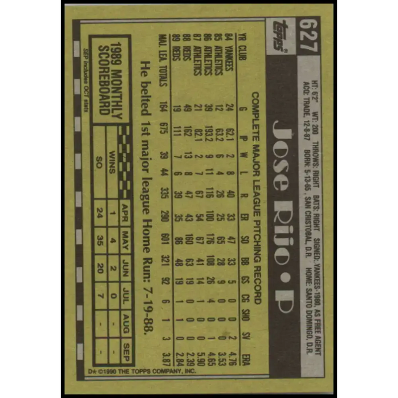1990 Topps #627 Jose Rijo NM-MT Cincinnati Reds Baseball Card - Baseball Card Single
