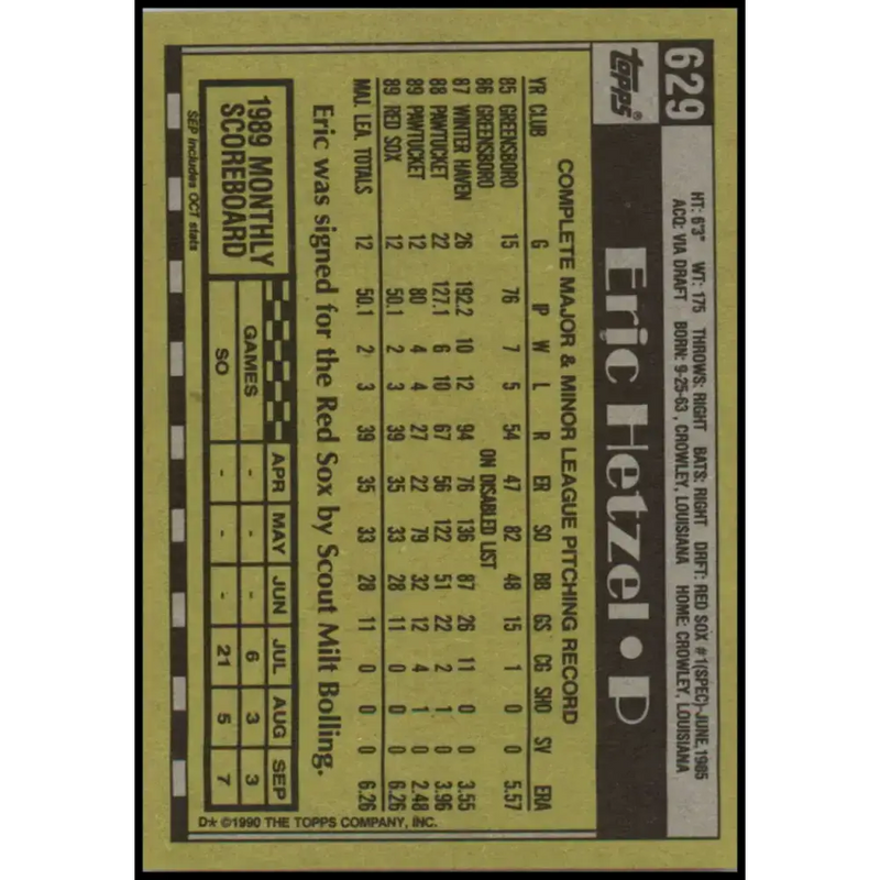 1990 Topps #629 Eric Hetzel NM-MT Boston Red Sox Baseball Card - Baseball Card Single