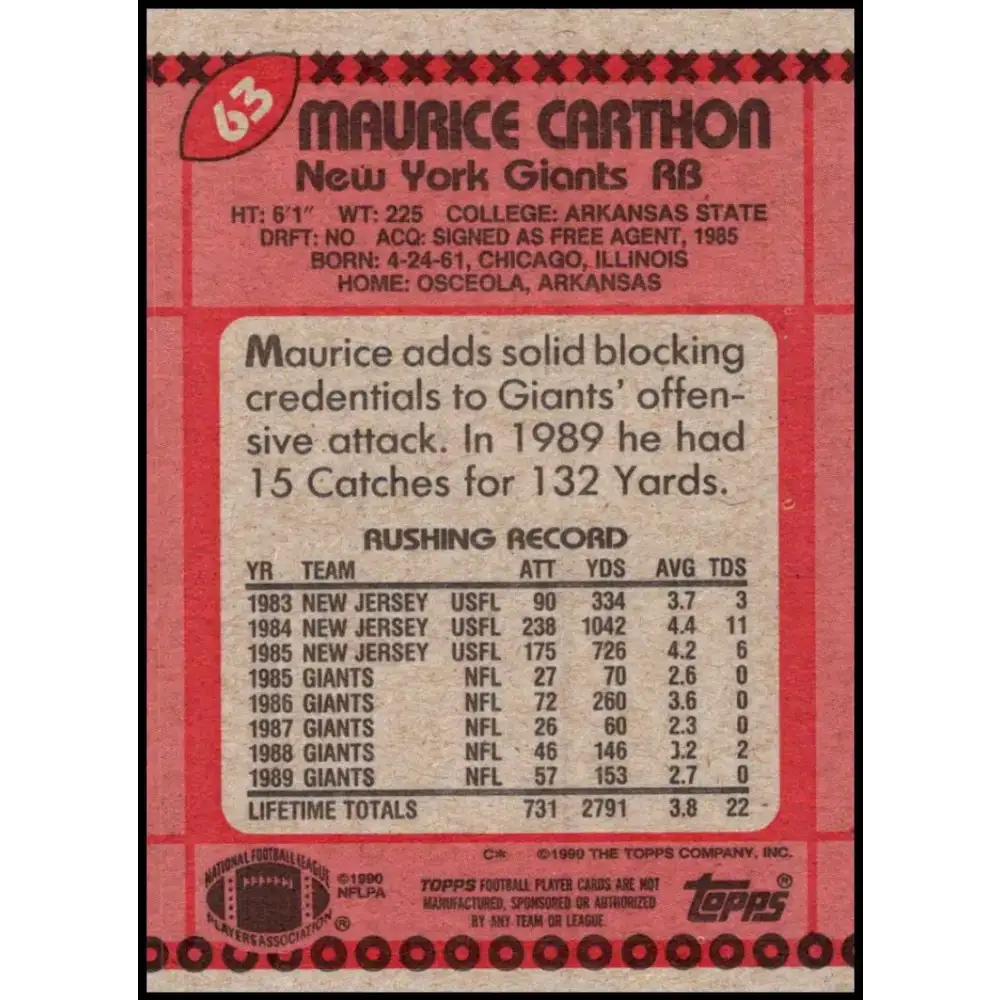 1990 Topps #63 Maurice Carthon EX Excellent New York Giants Football Card - Football Card Single