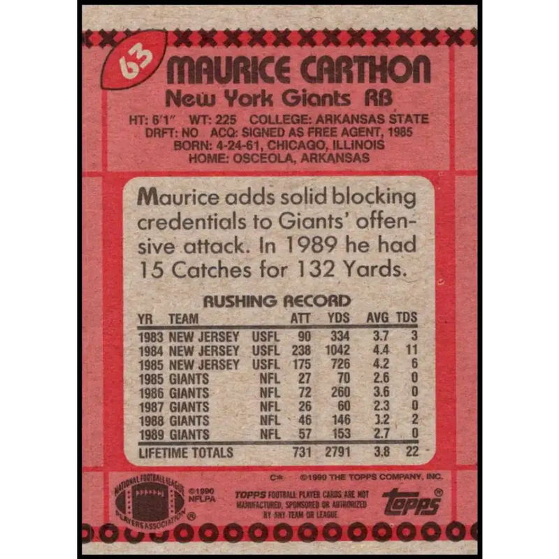 1990 Topps #63 Maurice Carthon EX Excellent New York Giants Football Card - Football Card Single