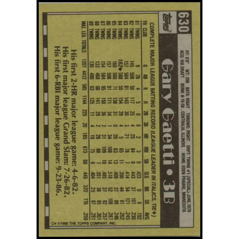 1990 Topps #630 Gary Gaetti NM-MT Minnesota Twins Baseball Card - Baseball Card Single
