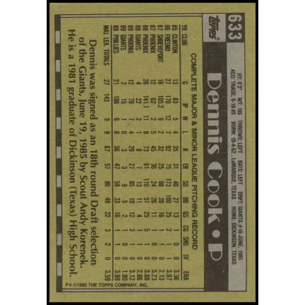 1990 Topps #633 Dennis Cook NM-MT Philadelphia Phillies Baseball Card - Baseball Card Single