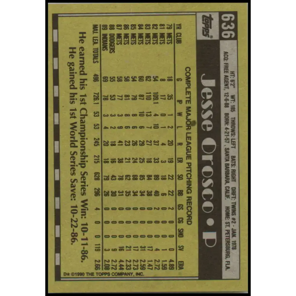 1990 Topps #636 Jesse Orosco NM-MT Cleveland Indians Baseball Card - Baseball Card Single