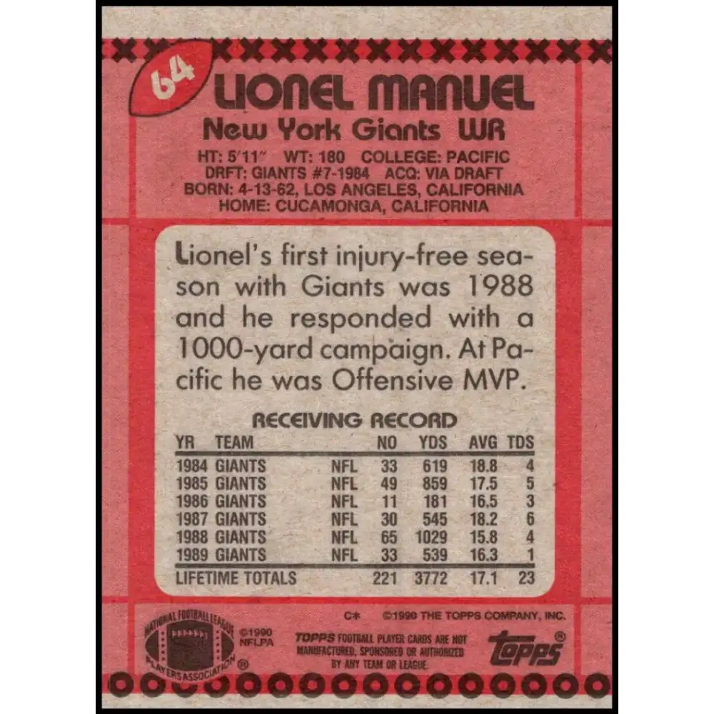 1990 Topps #64 Lionel Manuel EX Excellent New York Giants Football Card - Football Card Single