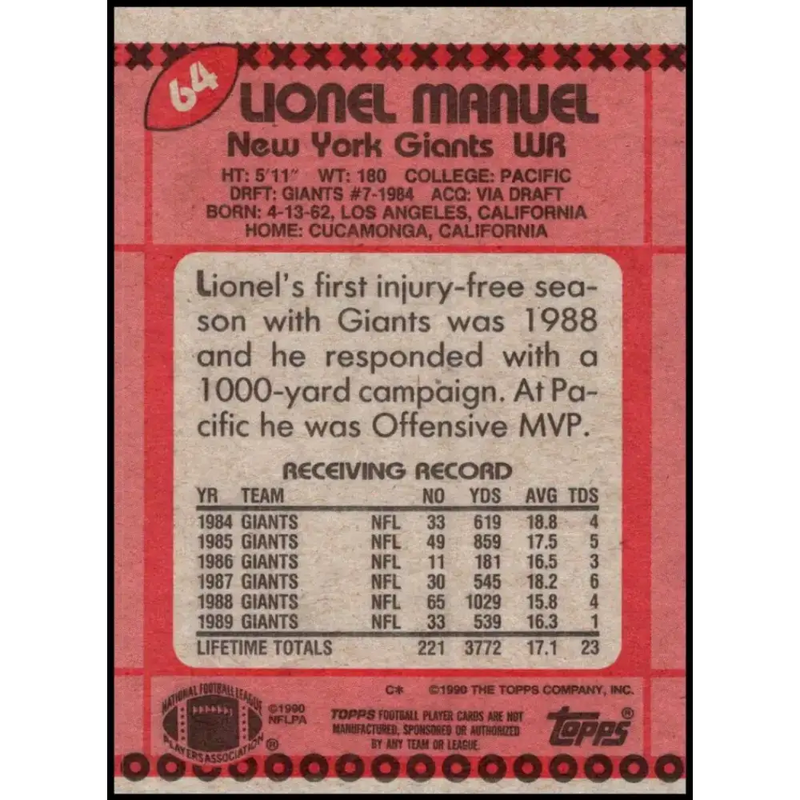1990 Topps #64 Lionel Manuel EX Excellent New York Giants Football Card - Football Card Single
