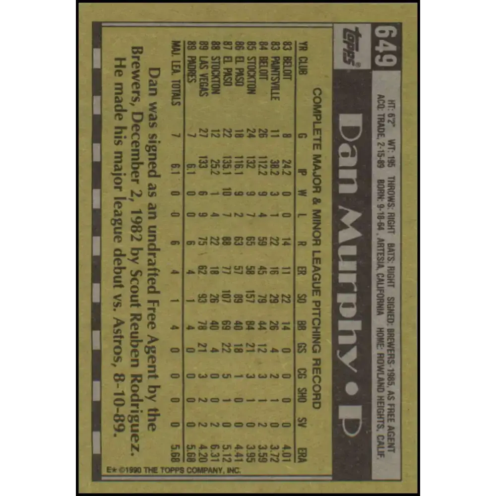 1990 Topps #649 Dan Murphy NM-MT RC Rookie San Diego Padres Baseball Card - Baseball Card Single