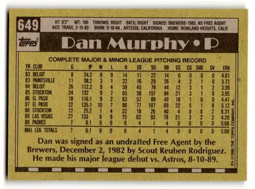 1990 Topps #649 Dan Murphy San Diego Padres Baseball Cards EX/NM ID:53550 - Baseball Card Single