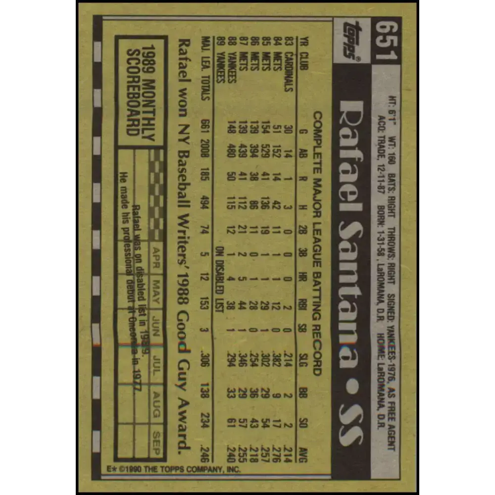 1990 Topps #651 Rafael Santana NM-MT New York Yankees Baseball Card - Baseball Card Single