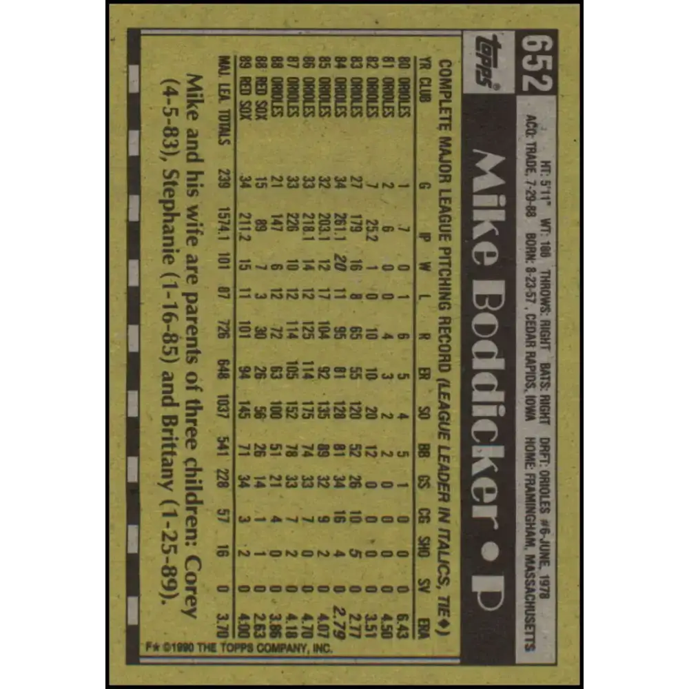 1990 Topps #652 Mike Boddicker NM-MT Boston Red Sox Baseball Card - Baseball Card Single