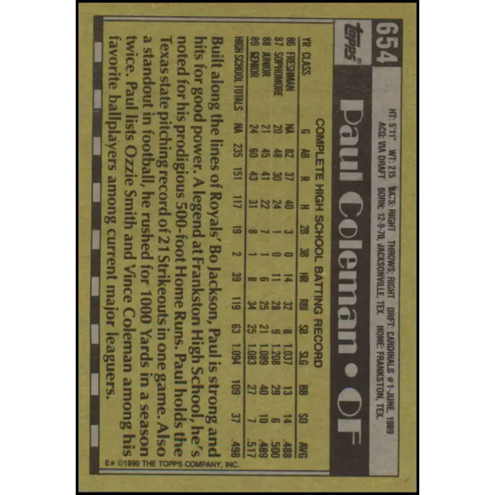 1990 Topps #654 Paul Coleman FDP NM-MT RC Rookie St. Louis Cardinals Baseball Card - Baseball Card Single