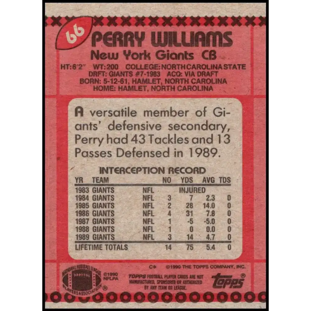 1990 Topps #66 Perry Williams EX Excellent New York Giants Football Card - Football Card Single