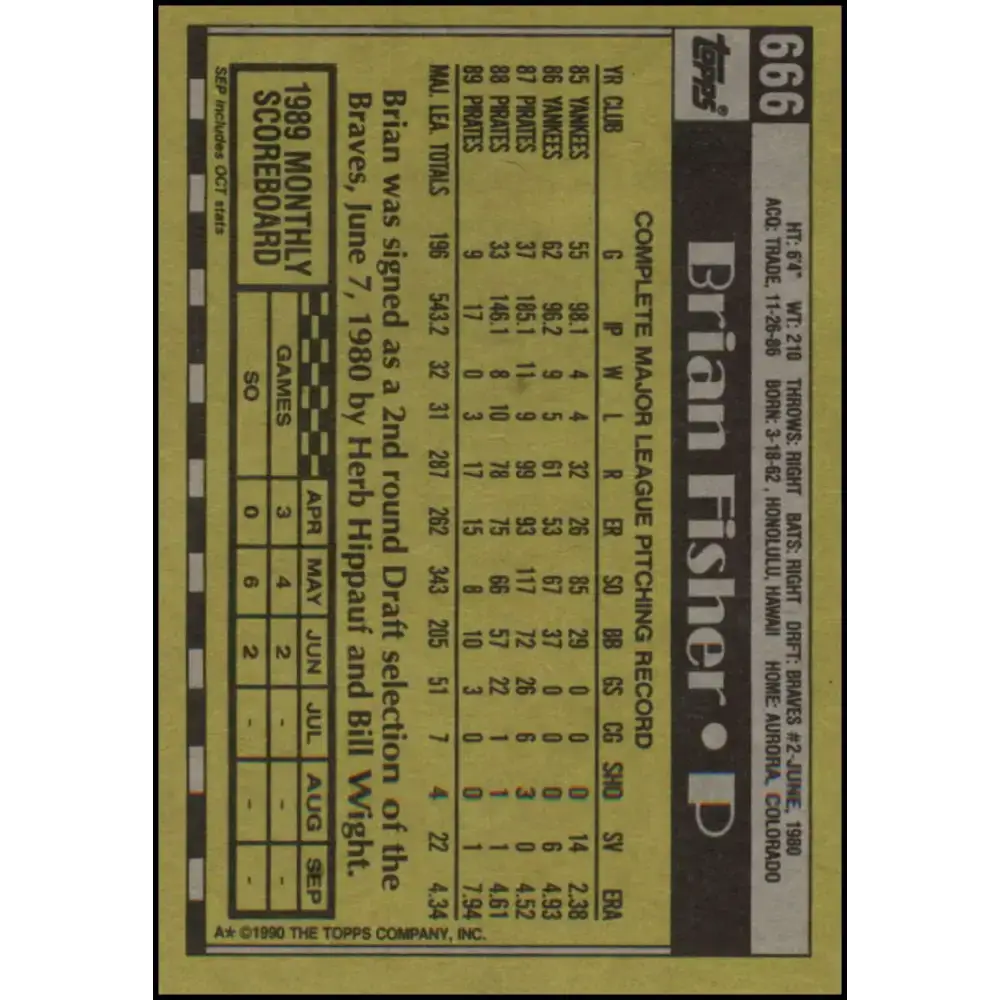 1990 Topps #666 Brian Fisher NM-MT Pittsburgh Pirates Baseball Card - Baseball Card Single