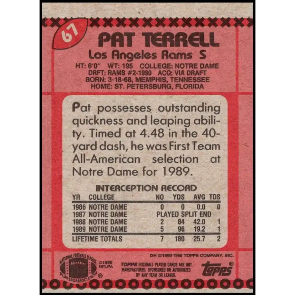 1990 Topps #67 Pat Terrell EX Excellent RC Rookie Los Angeles Rams Football Card - Football Card Single