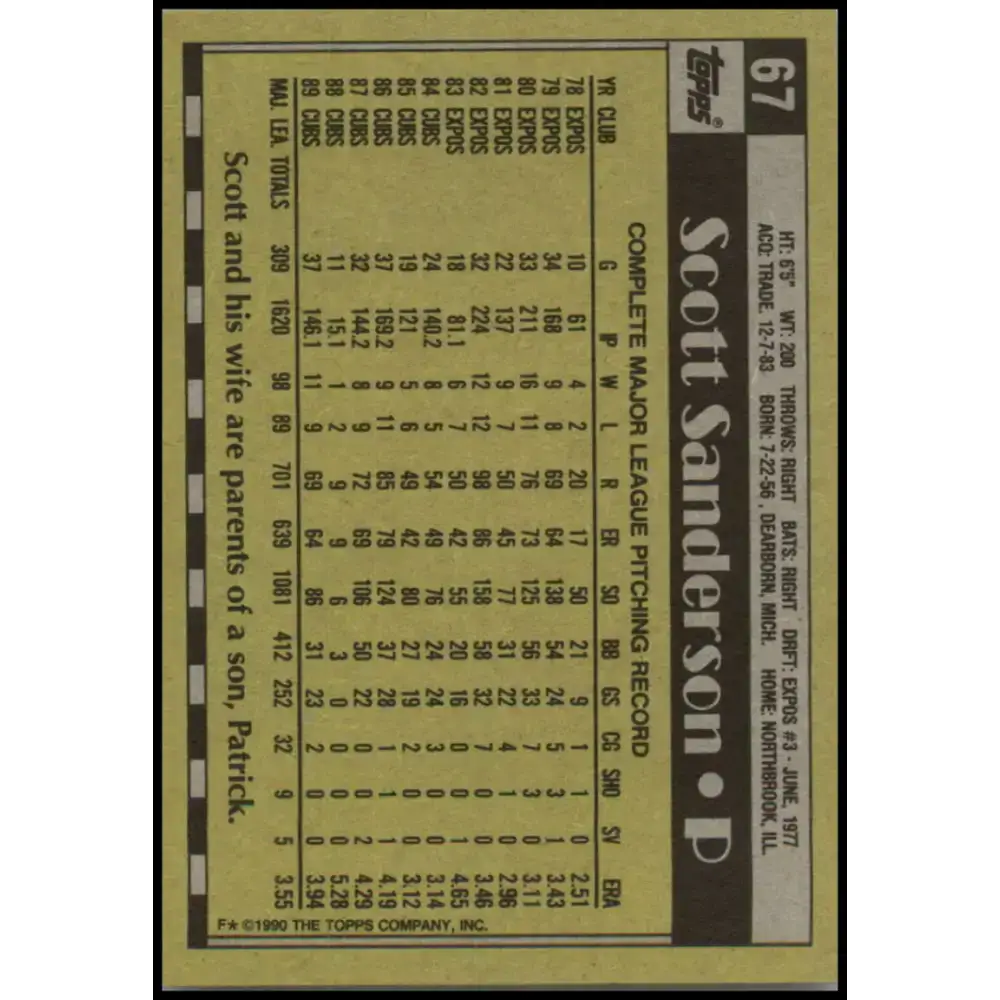 1990 Topps #67 Scott Sanderson NM-MT Chicago Cubs Baseball Card - Baseball Card Single