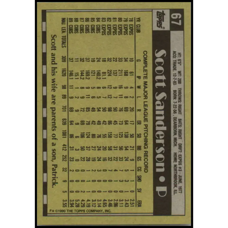 1990 Topps #67 Scott Sanderson NM-MT Chicago Cubs Baseball Card - Baseball Card Single
