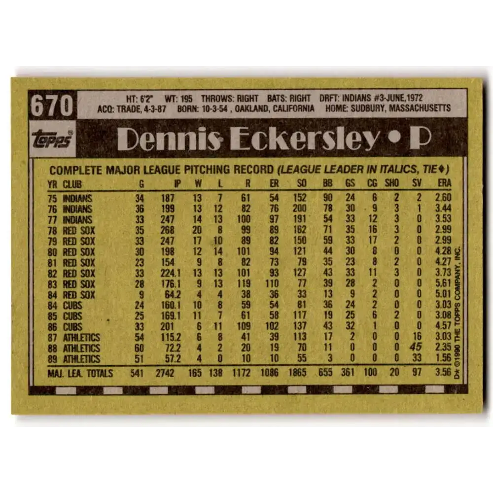 1990 Topps #670 Dennis Eckersley NM-MT Oakland Athletics Baseball Card - Baseball Card Single