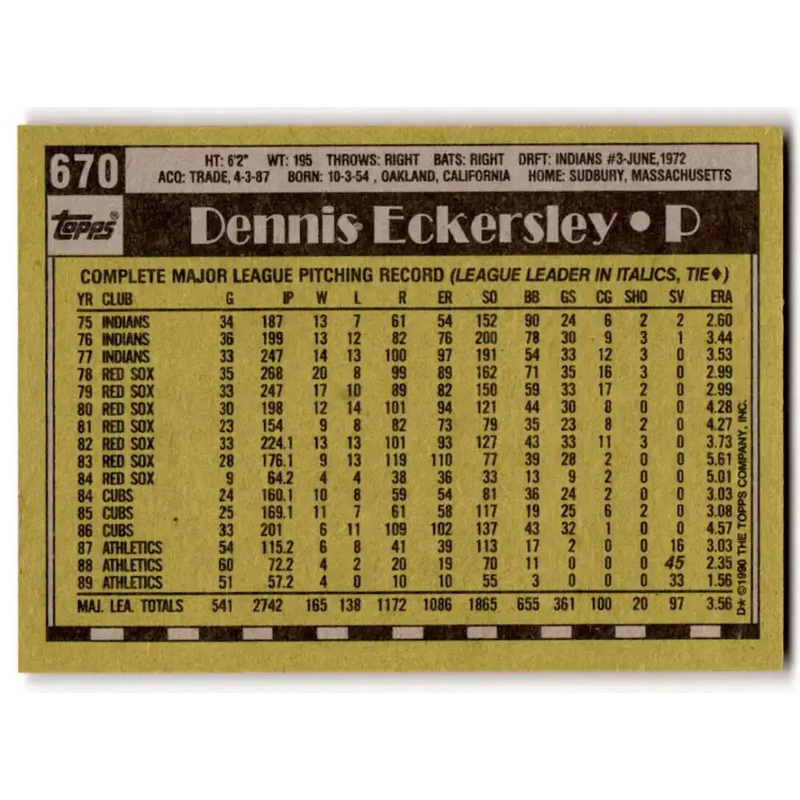 1990 Topps #670 Dennis Eckersley NM-MT Oakland Athletics Baseball Card - Baseball Card Single